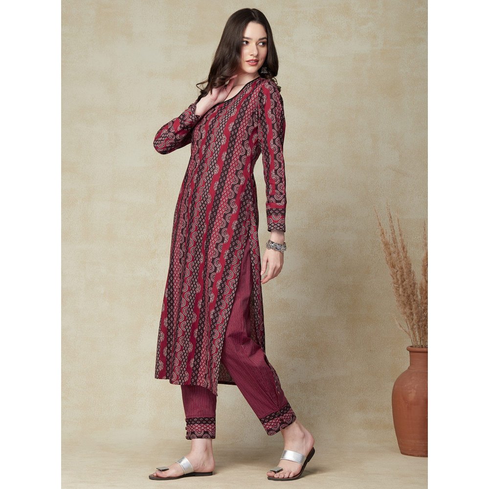 FASHOR Ethnic Stripes Printed Straight Fit Kurta with Pant Maroon (Set of 2)