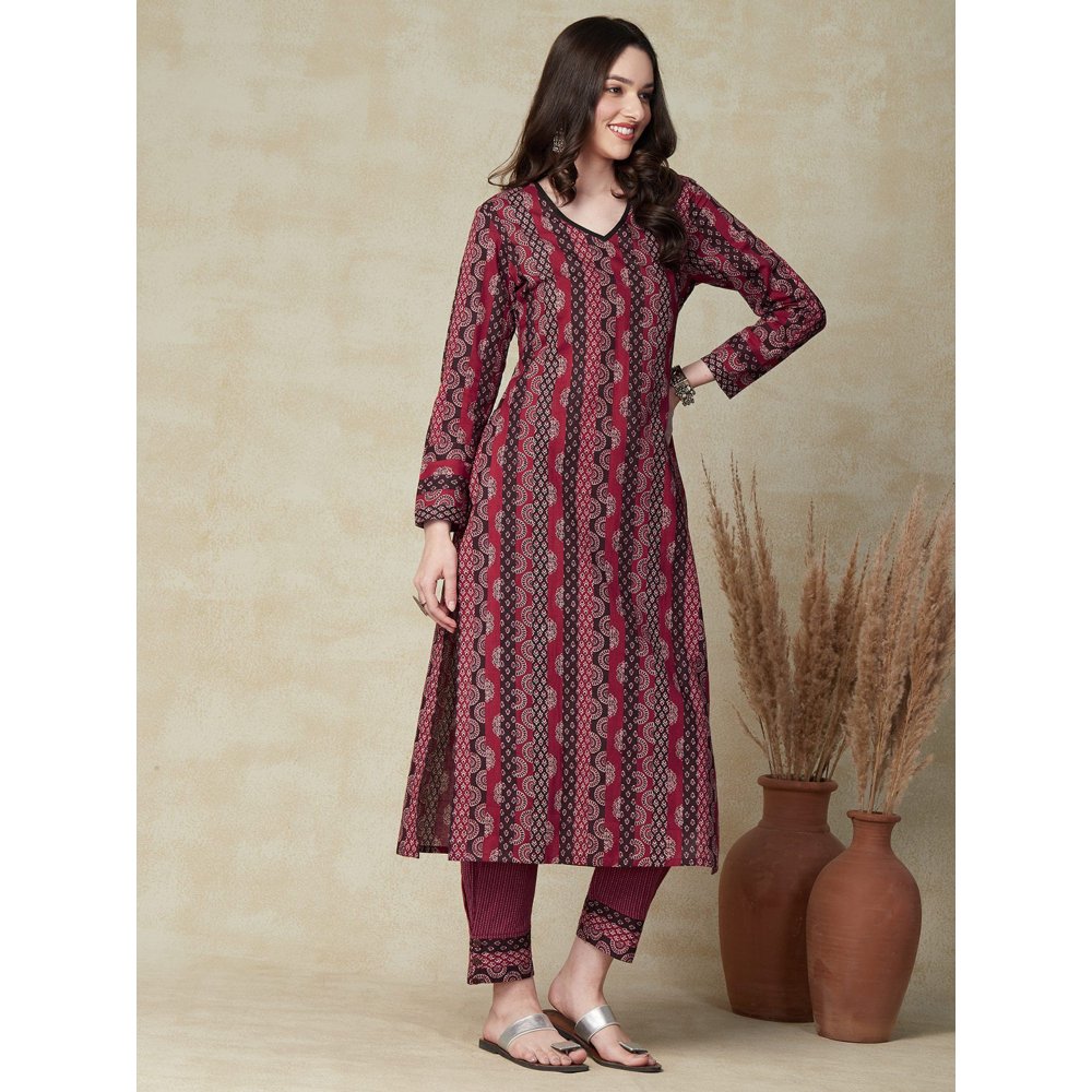 FASHOR Ethnic Stripes Printed Straight Fit Kurta with Pant Maroon (Set of 2)