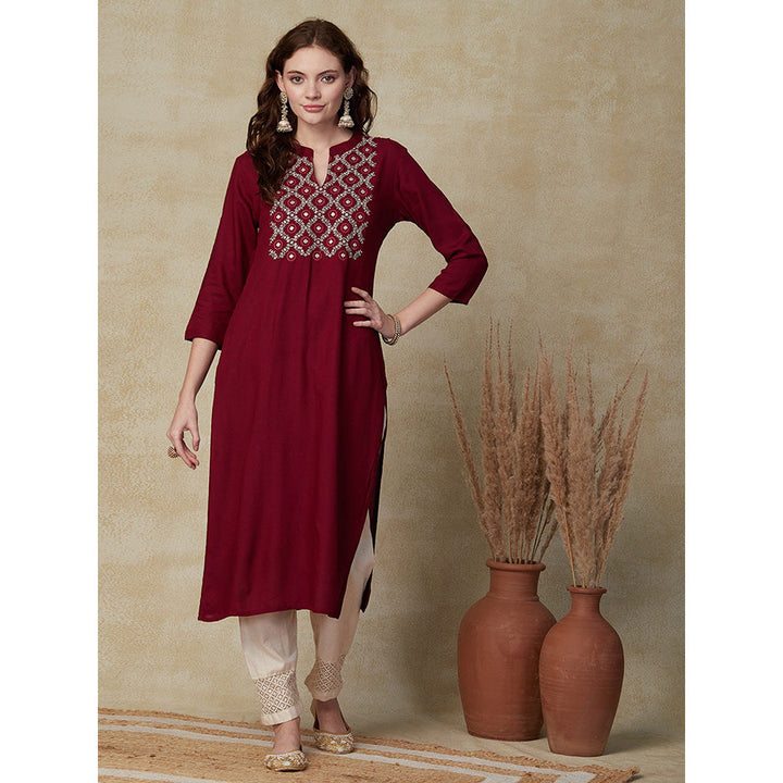 FASHOR Solid Mirror, Resham Embroidered Kurta Maroon