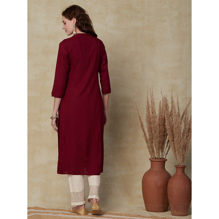 FASHOR Solid Mirror, Resham Embroidered Kurta Maroon