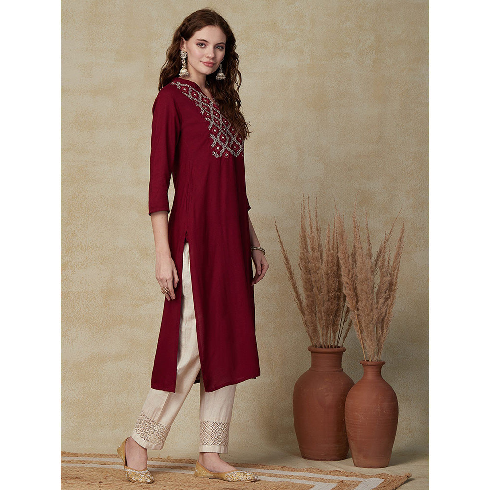 FASHOR Solid Mirror, Resham Embroidered Kurta Maroon