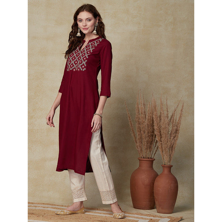 FASHOR Solid Mirror, Resham Embroidered Kurta Maroon