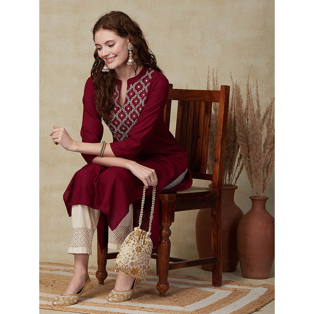 FASHOR Solid Mirror, Resham Embroidered Kurta Maroon