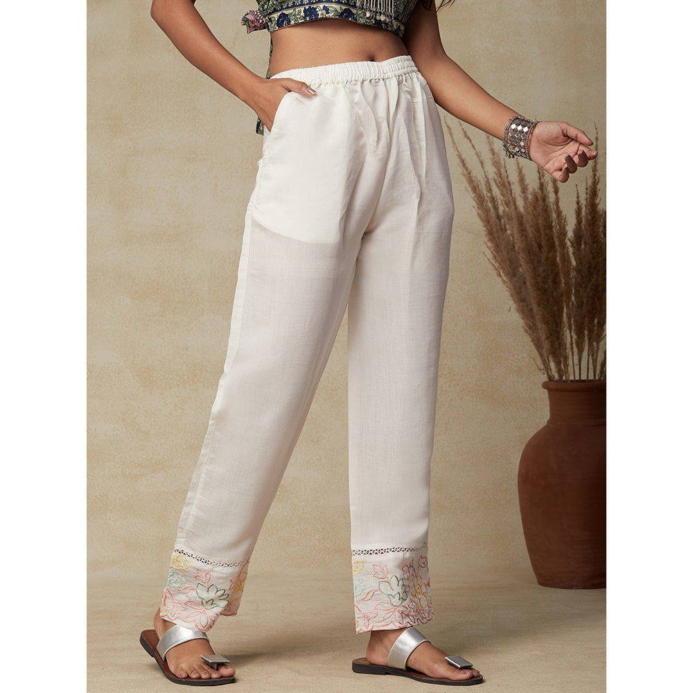 FASHOR Floral Embroidered & Crochet Lace Pant White