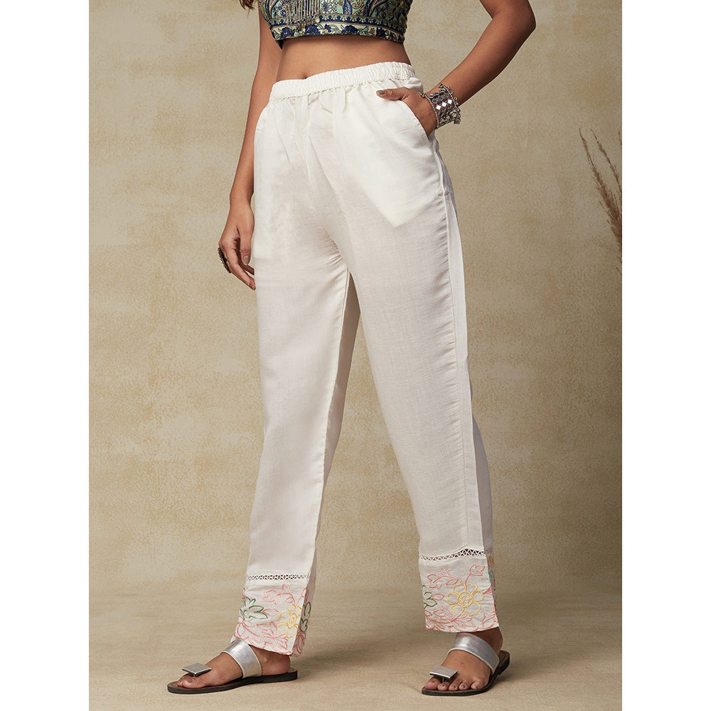 FASHOR Floral Embroidered & Crochet Lace Pant White