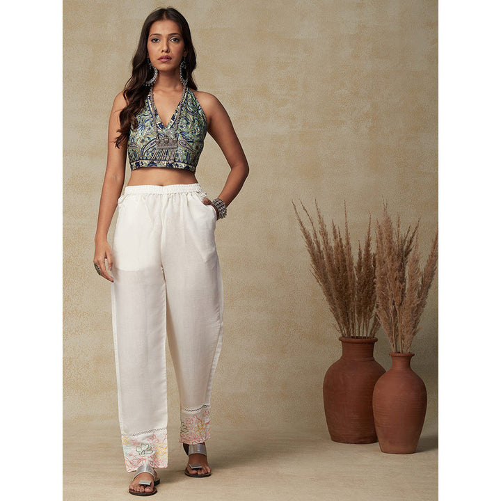 FASHOR Floral Embroidered & Crochet Lace Pant White