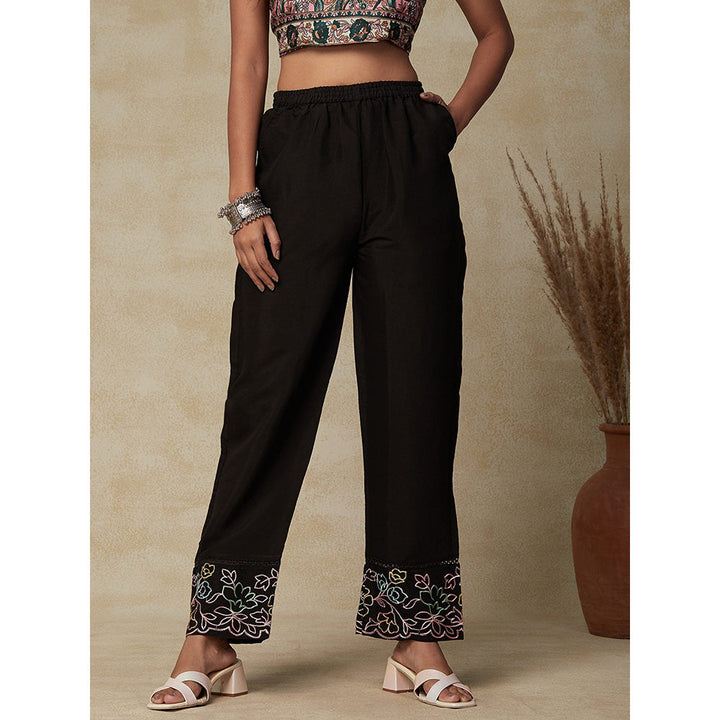 FASHOR Floral Embroidered & Crochet Lace Pant Black