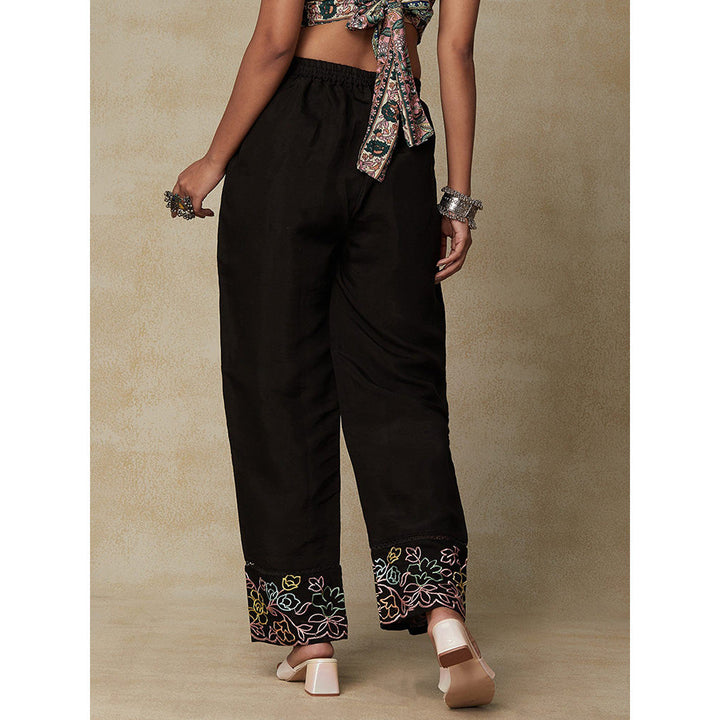 FASHOR Floral Embroidered & Crochet Lace Pant Black