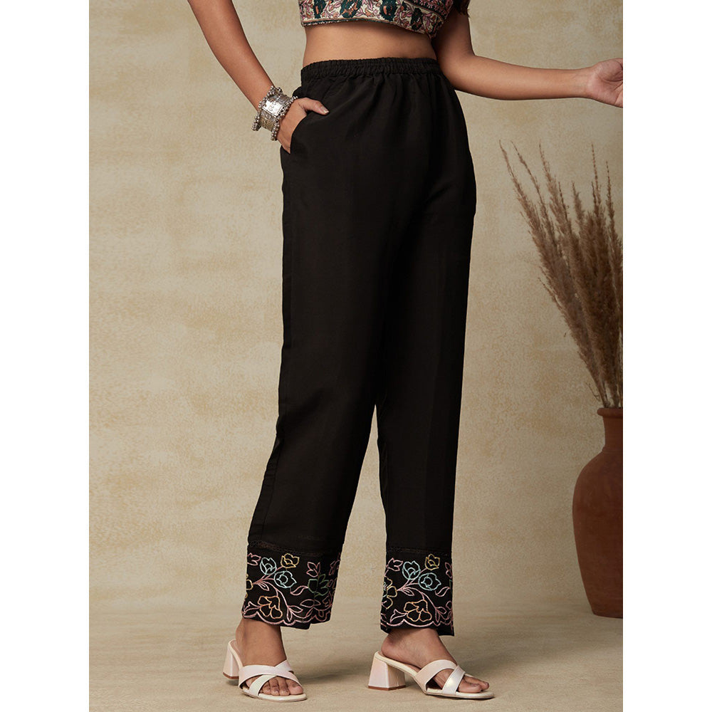 FASHOR Floral Embroidered & Crochet Lace Pant Black