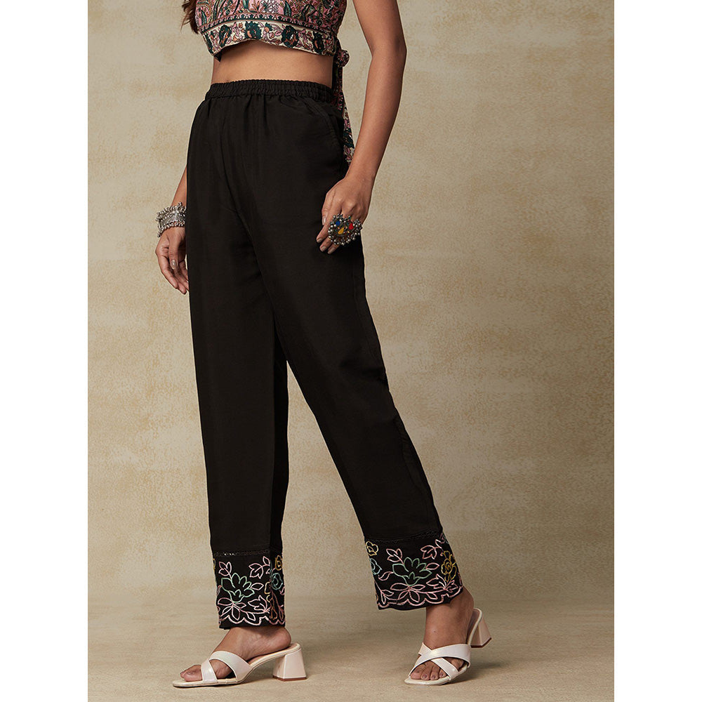 FASHOR Floral Embroidered & Crochet Lace Pant Black