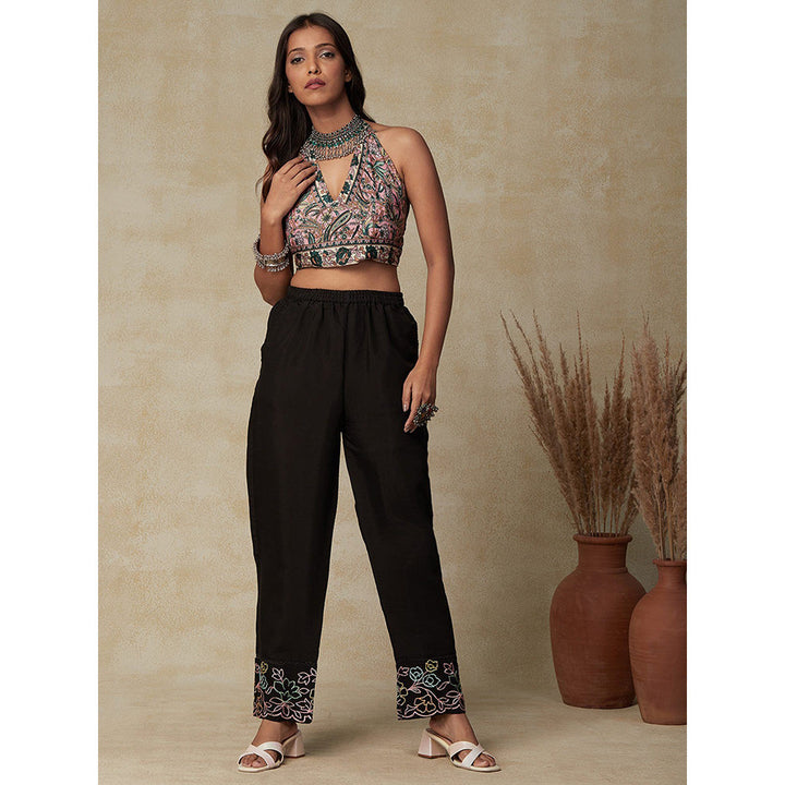 FASHOR Floral Embroidered & Crochet Lace Pant Black