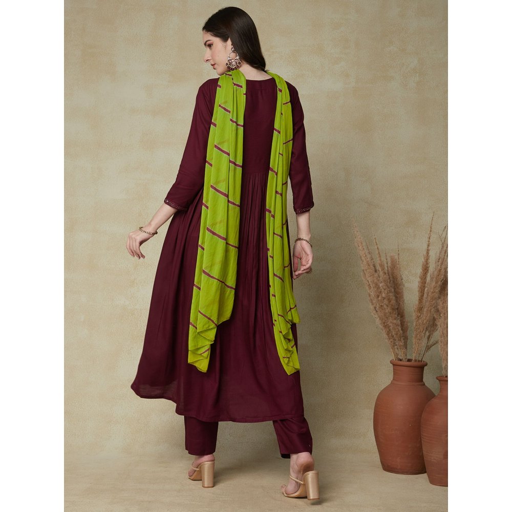 FASHOR Solid Kurta with Pant with Dupatta - Magenta (Set of 3)