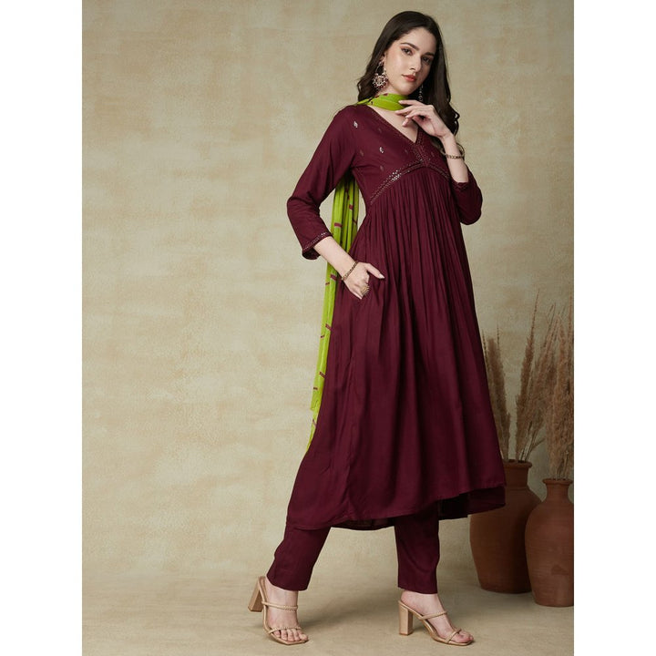 FASHOR Solid Kurta with Pant with Dupatta - Magenta (Set of 3)