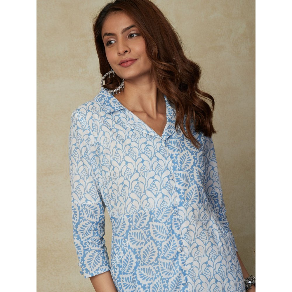 FASHOR Ethnic Printed Kurta with Palazzo - Blue (Set of 2)