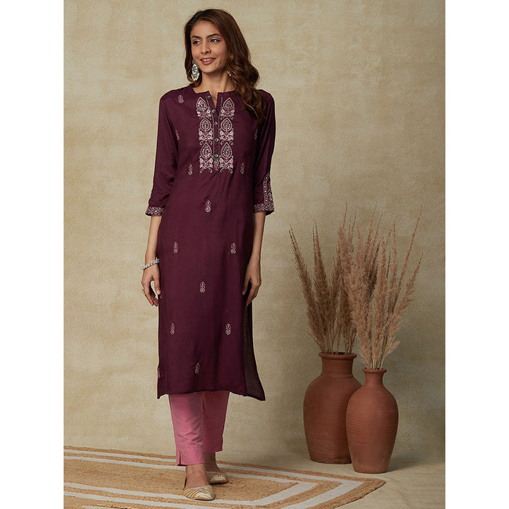 FASHOR Solid, Sequins and Zari Embroidered Kurta - Mauve