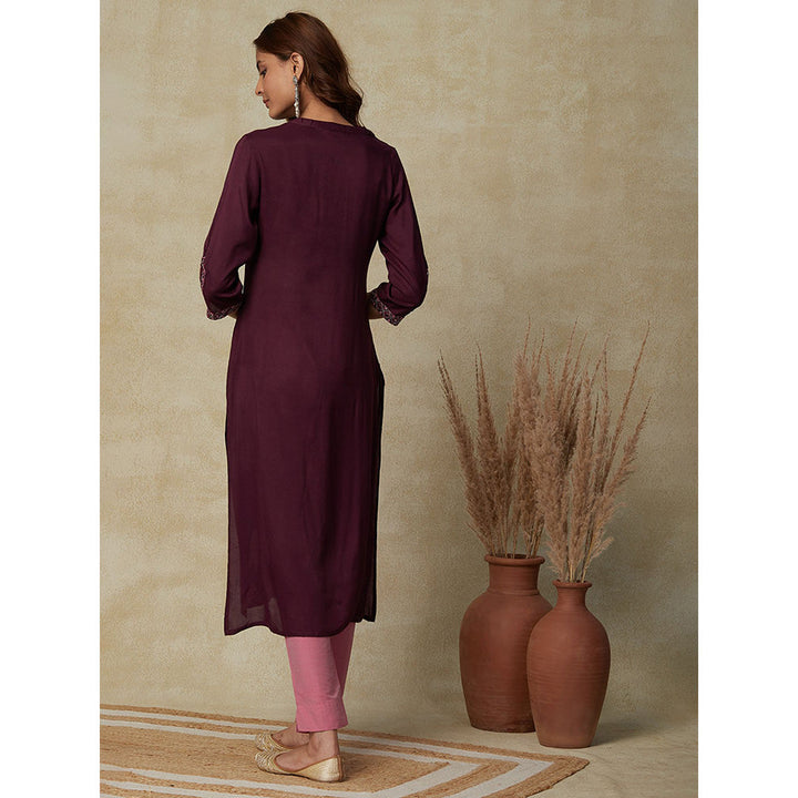 FASHOR Solid, Sequins and Zari Embroidered Kurta - Mauve