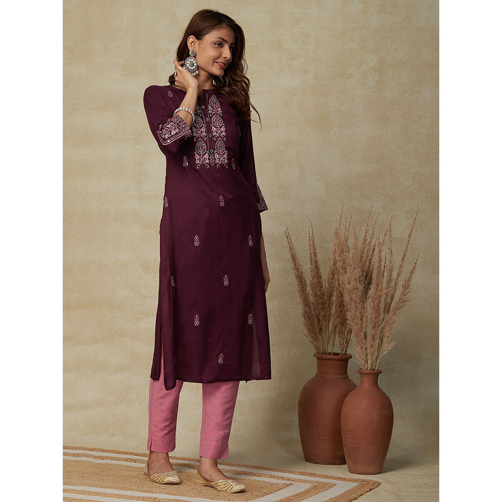 FASHOR Solid, Sequins and Zari Embroidered Kurta - Mauve