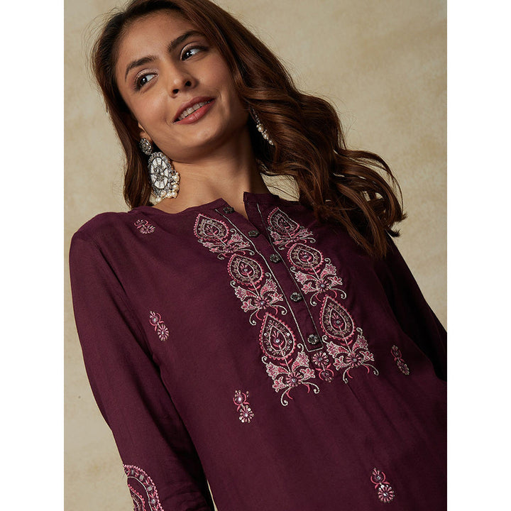 FASHOR Solid, Sequins and Zari Embroidered Kurta - Mauve