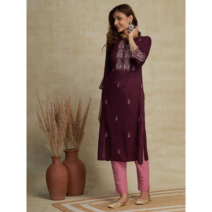 FASHOR Solid, Sequins and Zari Embroidered Kurta - Mauve