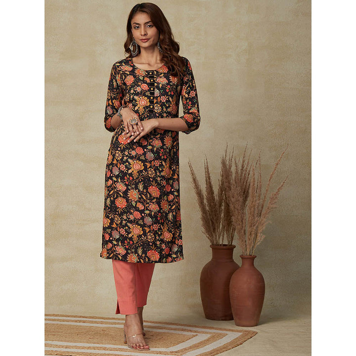 FASHOR Floral Printed Embroidered Kurta - Black and Multi