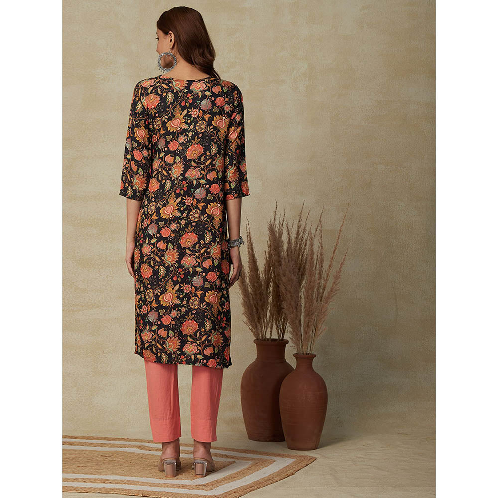 FASHOR Floral Printed Embroidered Kurta - Black and Multi