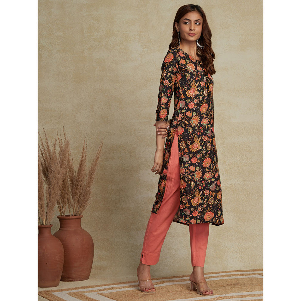 FASHOR Floral Printed Embroidered Kurta - Black and Multi