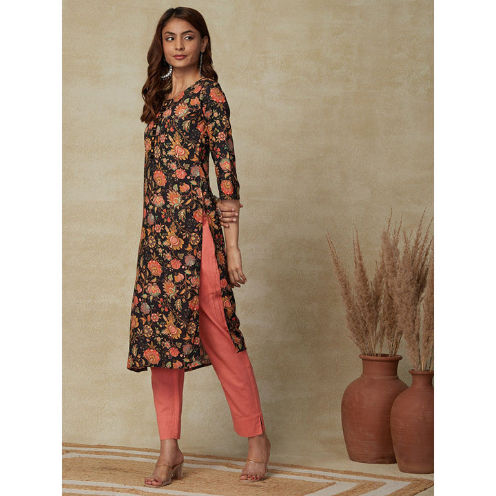 FASHOR Floral Printed Embroidered Kurta - Black and Multi