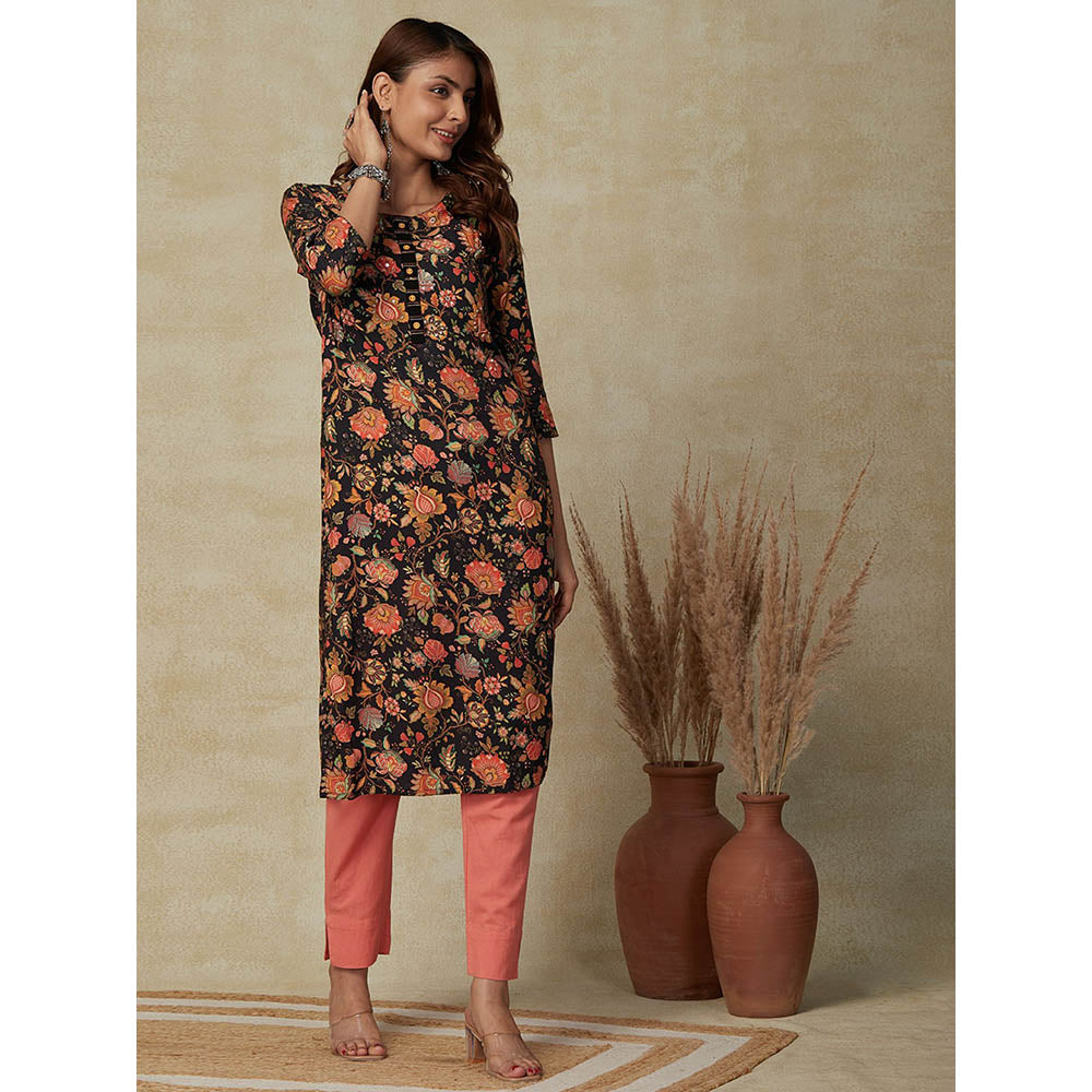 FASHOR Floral Printed Embroidered Kurta - Black and Multi