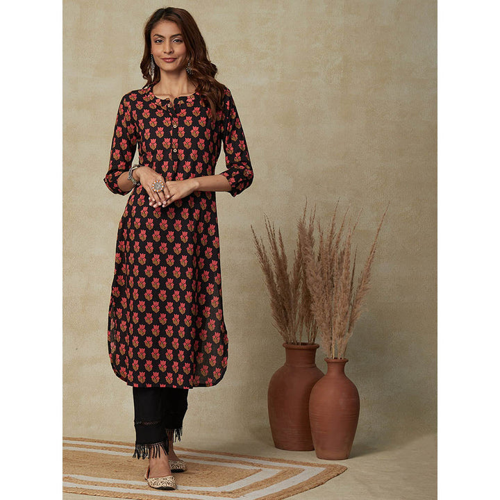 FASHOR Floral Printed Kurta - Black