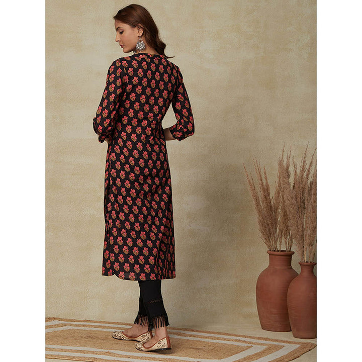 FASHOR Floral Printed Kurta - Black