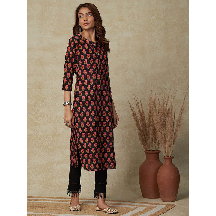 FASHOR Floral Printed Kurta - Black