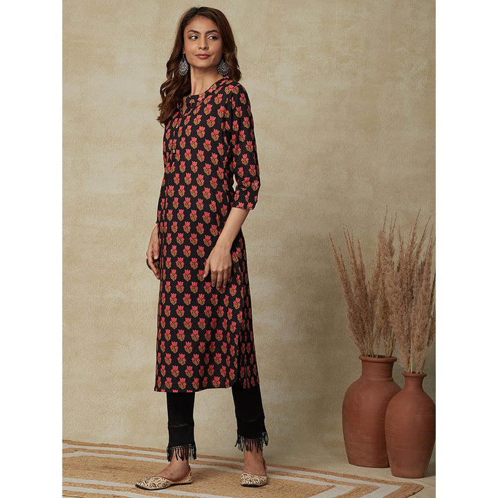 FASHOR Floral Printed Kurta - Black