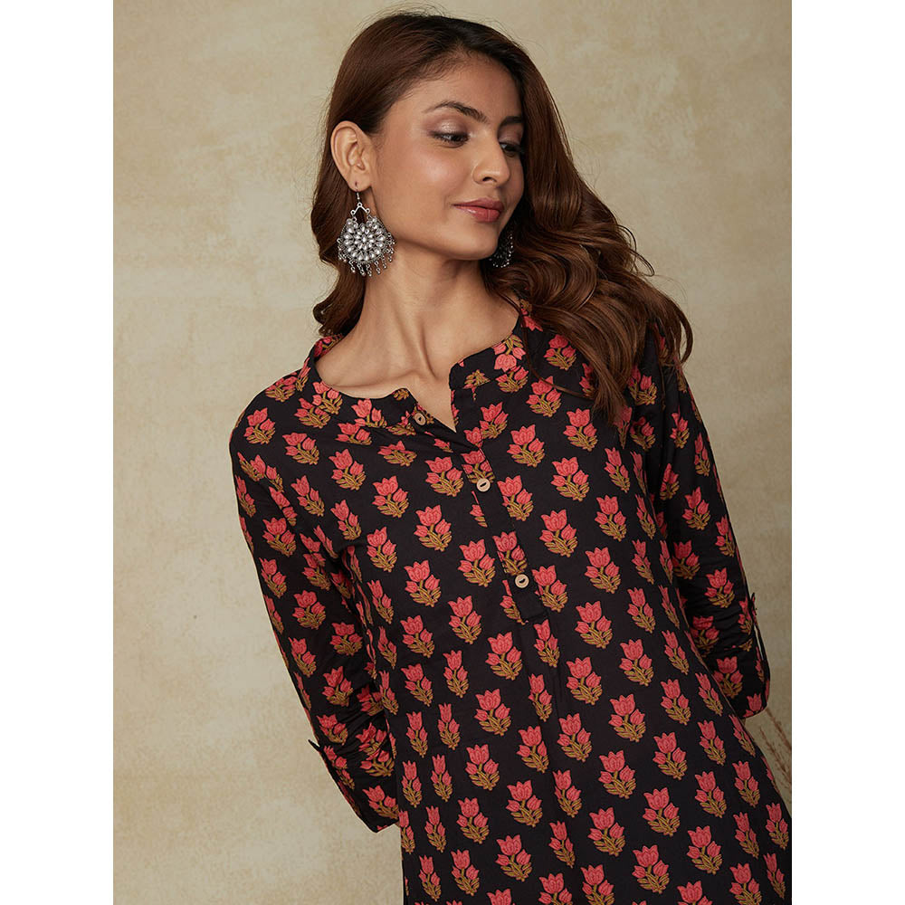 FASHOR Floral Printed Kurta - Black