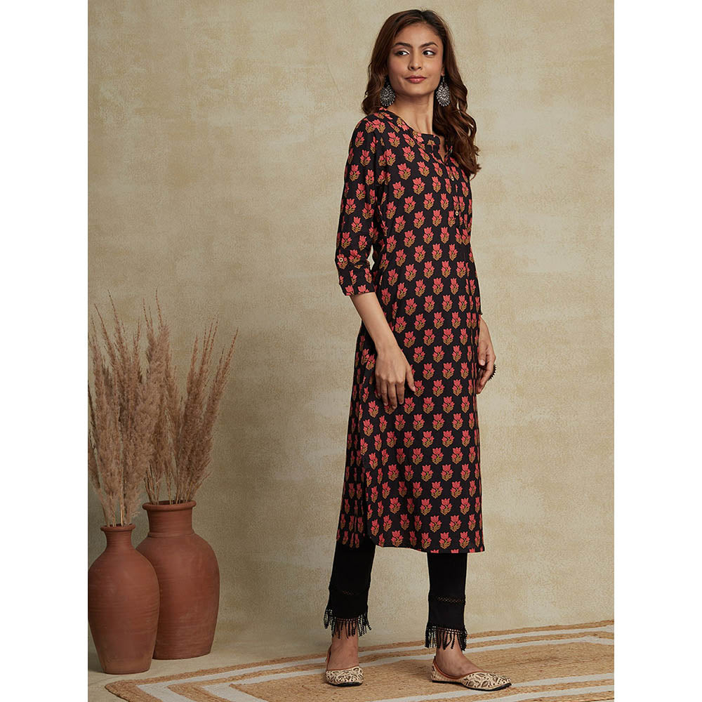 FASHOR Floral Printed Kurta - Black