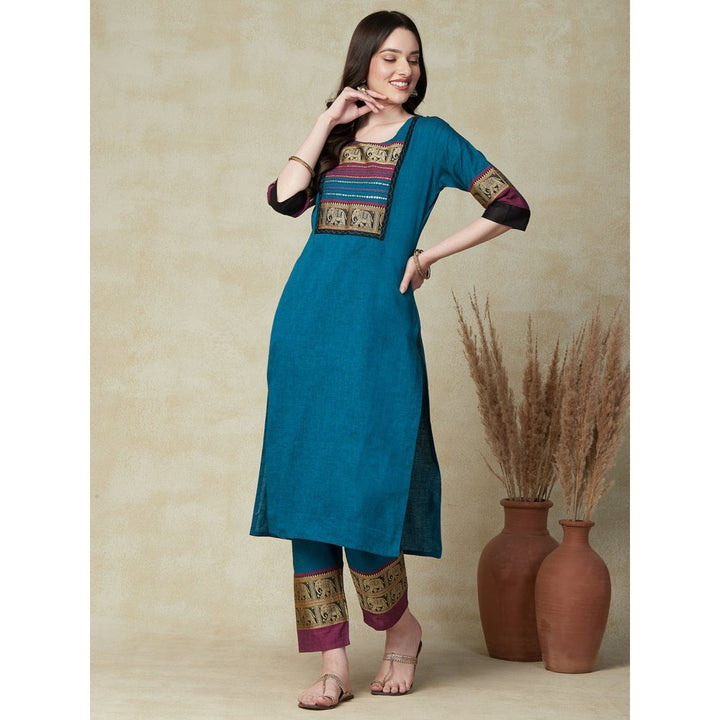 Fashor Solid Ethnic Woven Straight Fit Kurta with Pant- Teal (Set of 2)