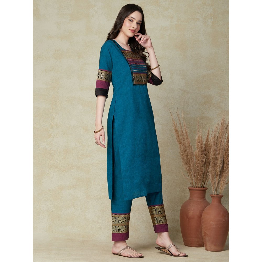 Fashor Solid Ethnic Woven Straight Fit Kurta with Pant- Teal (Set of 2)