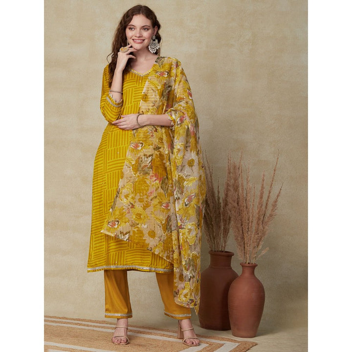 FASHOR Abstract Printed Kurta with Pant & Dupatta - Mustard (Set of 3)