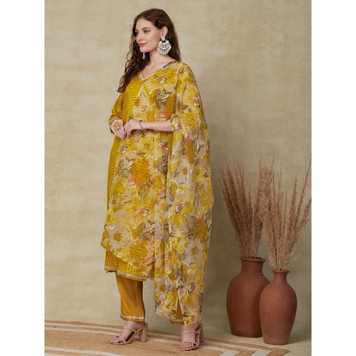 FASHOR Abstract Printed Kurta with Pant & Dupatta - Mustard (Set of 3)