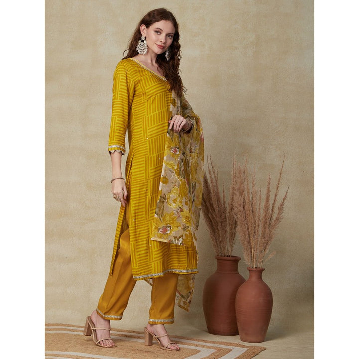 FASHOR Abstract Printed Kurta with Pant & Dupatta - Mustard (Set of 3)