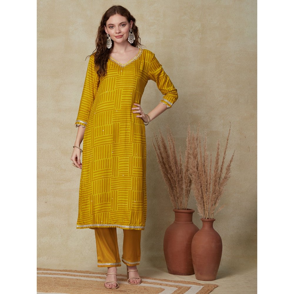 FASHOR Abstract Printed Kurta with Pant & Dupatta - Mustard (Set of 3)