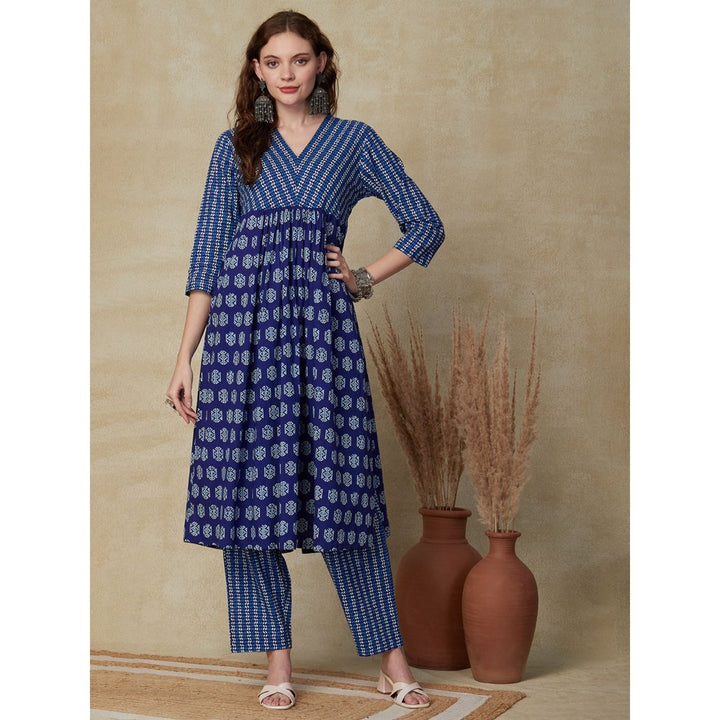 FASHOR Ethnic Printed Kurta with Pant - Blue (Set of 2)