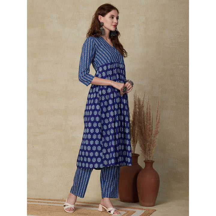 FASHOR Ethnic Printed Kurta with Pant - Blue (Set of 2)