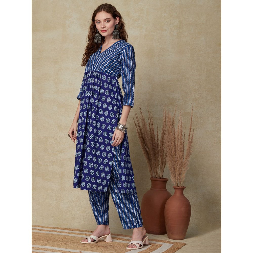 FASHOR Ethnic Printed Kurta with Pant - Blue (Set of 2)