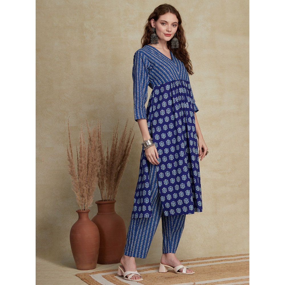 FASHOR Ethnic Printed Kurta with Pant - Blue (Set of 2)