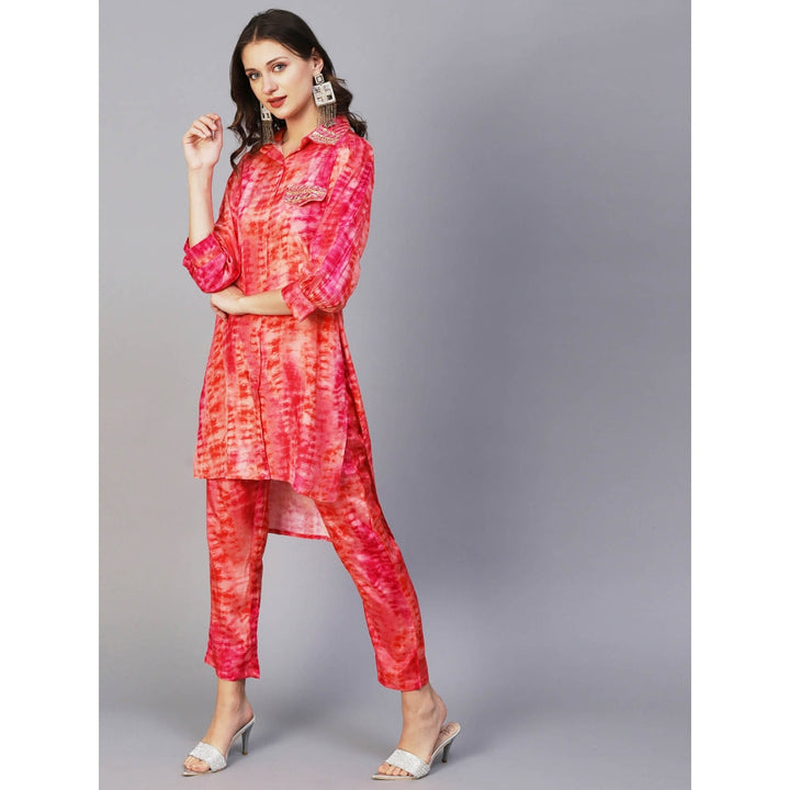 Fashor Shibori Printed Embroidered Shirt Kurta with Pant-Peach (Set of 2)