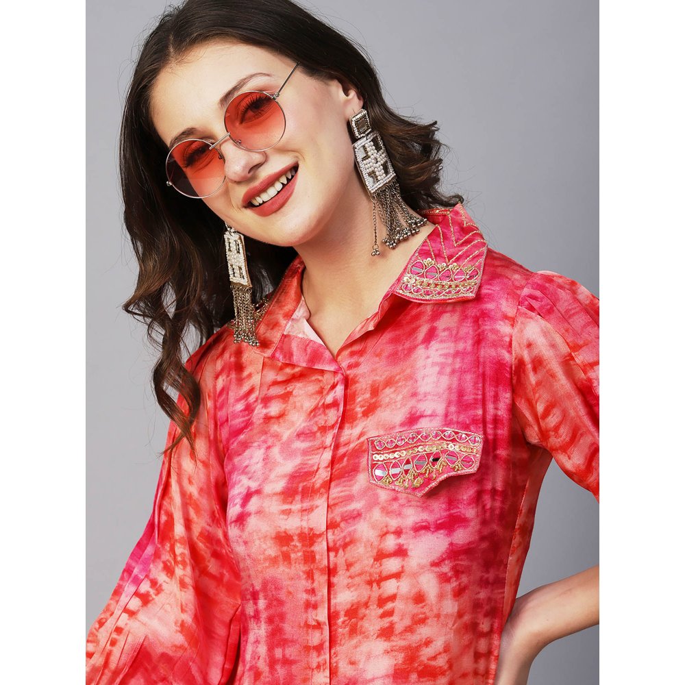 Fashor Shibori Printed Embroidered Shirt Kurta with Pant-Peach (Set of 2)