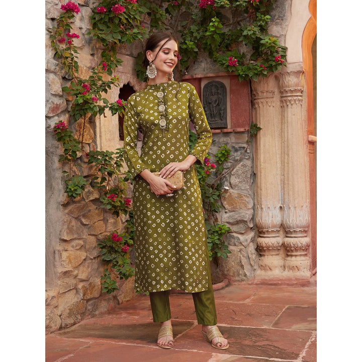 Fashor Bandhani Printed Kurta with Pant-Olive Green (Set of 2)