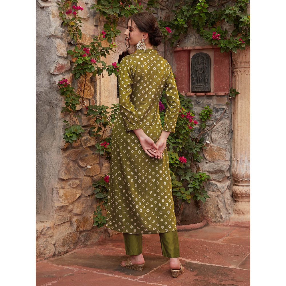 Fashor Bandhani Printed Kurta with Pant-Olive Green (Set of 2)