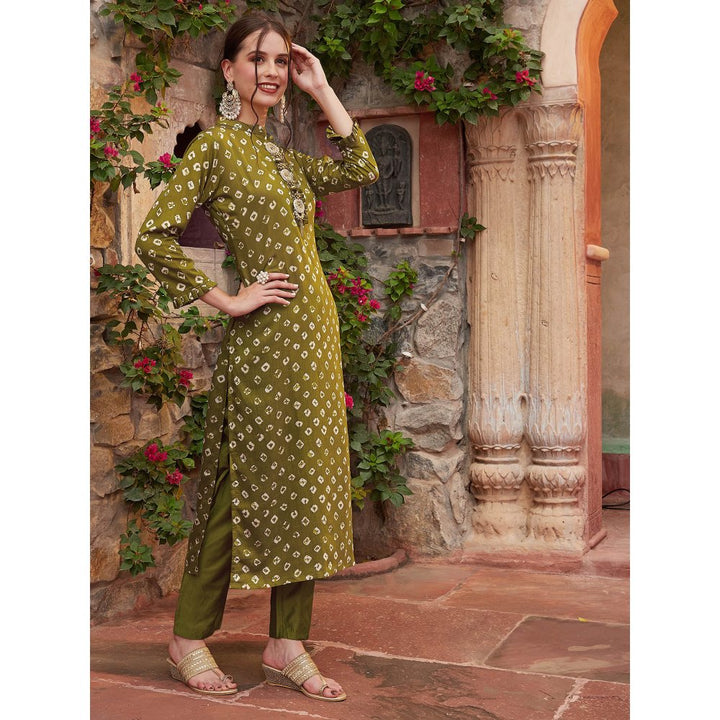 Fashor Bandhani Printed Kurta with Pant-Olive Green (Set of 2)