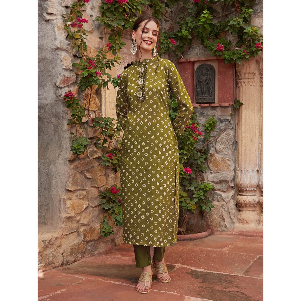 Fashor Bandhani Printed Kurta with Pant-Olive Green (Set of 2)